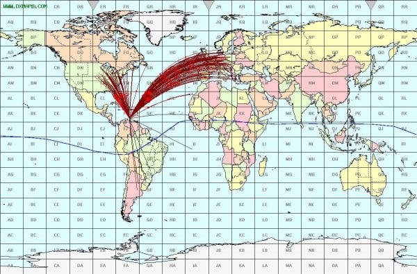 Gevisualiseerde DX-cluster spots van PJ4NX na een uur QRV te zijn. 