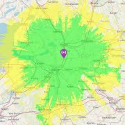 Het bereik voor vaste stations met de antenne op circa 10 meter hoogte.