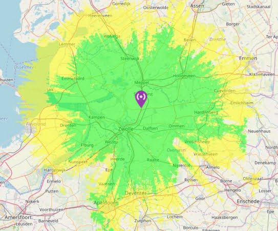 Het bereik voor vaste stations met de antenne op circa 10 meter hoogte.